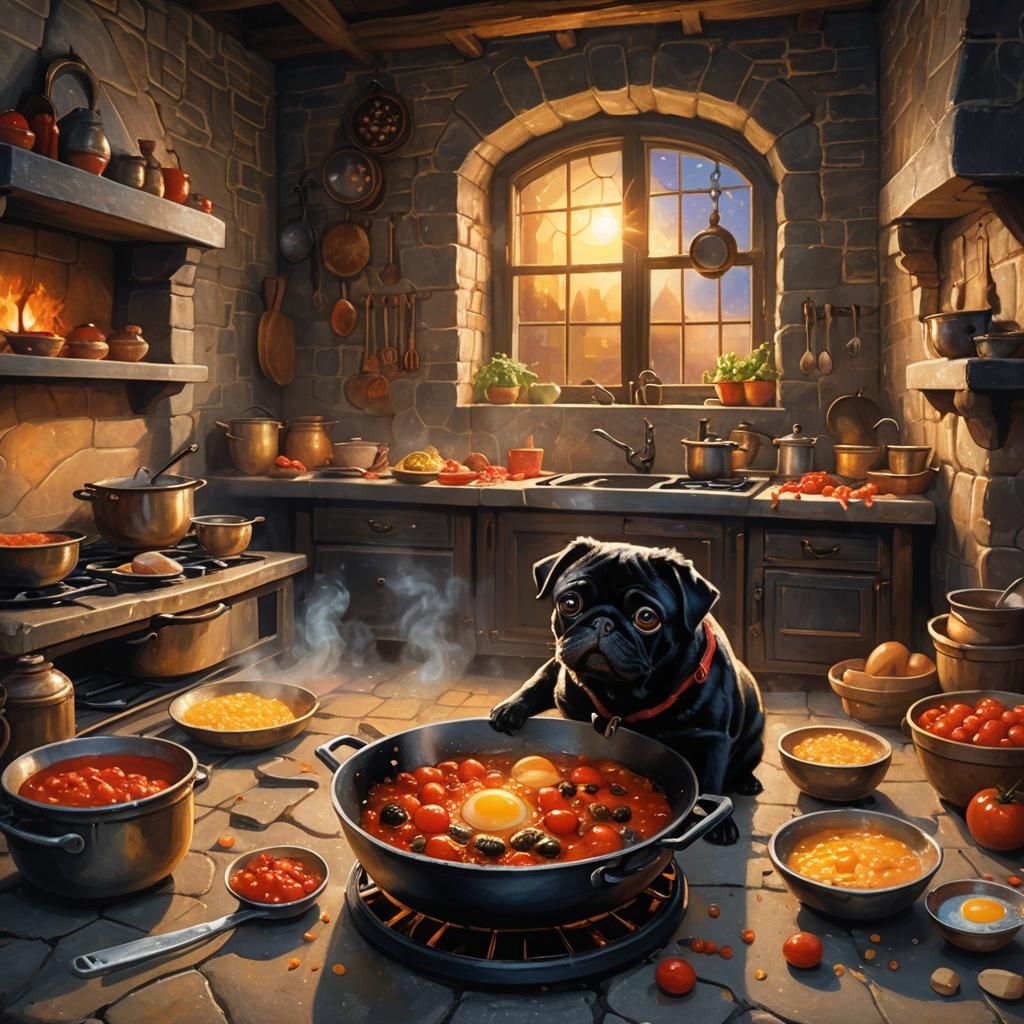 Pug Chef Cooking Eggs in Fantasy Kitchen