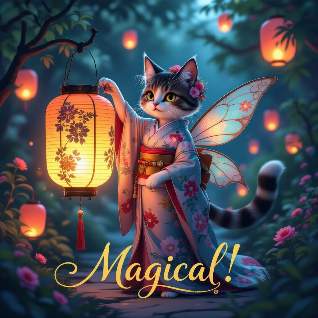 Ethereal Cat Fairy in Mystical Lantern Garden