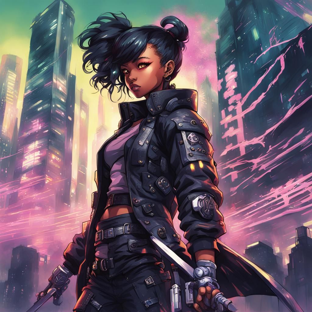 Cyberpunk Blasian Kunoichi Casting Spell: Anime-Inspired Art