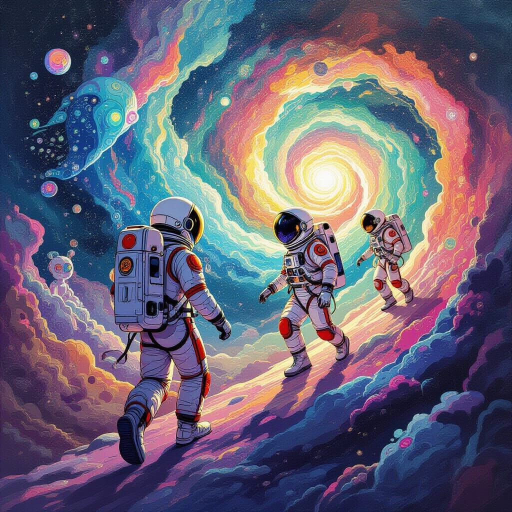 Cosmonauts Discovering a Dreamlike Nebula