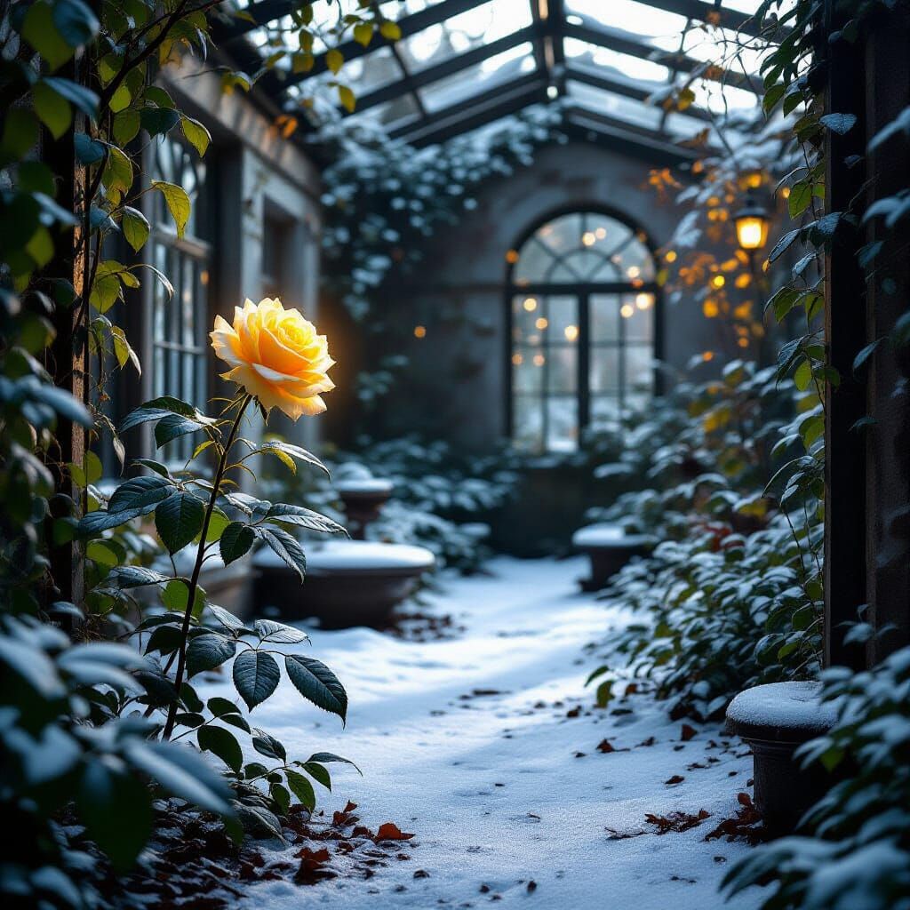 Neglected Winter Garden with Glowing Yellow Rose