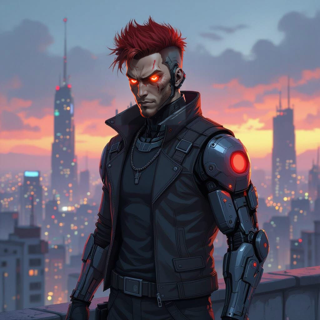 Cyberpunk Warrior Overlooking Futuristic City