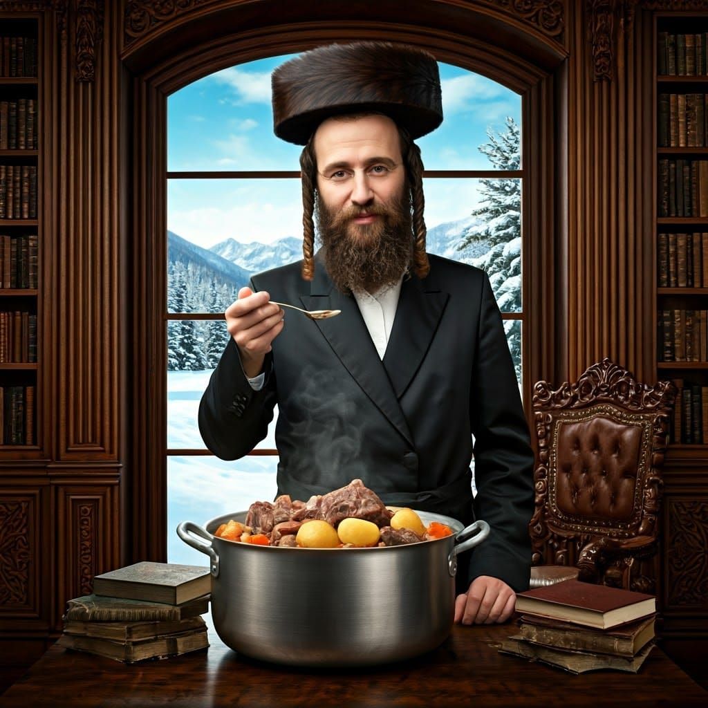 Elegant Hasidic Gentleman Savoring Cholent in Luxurious Sett...