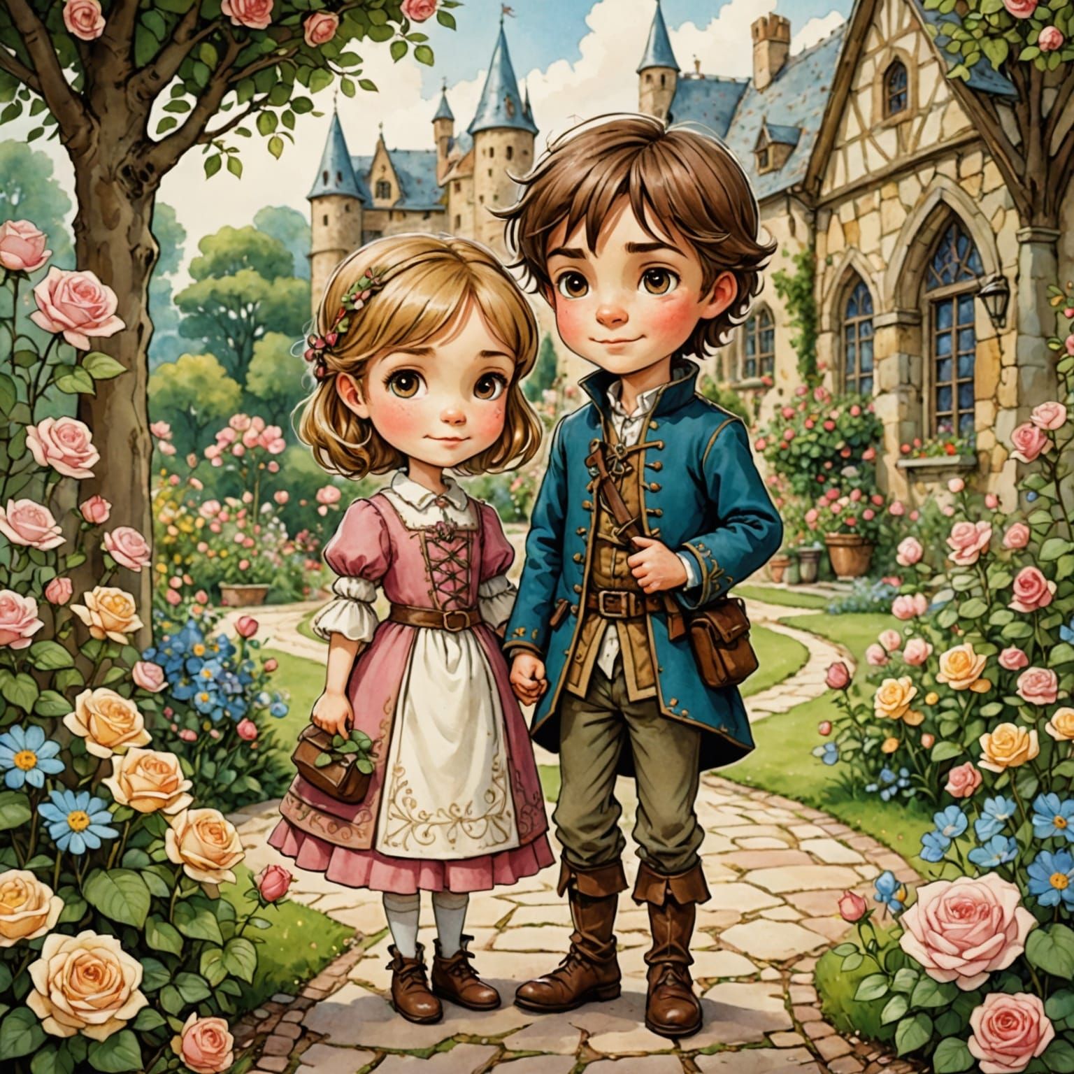 Chibi Brother and Sister in Vibrant Medieval Rose Garden