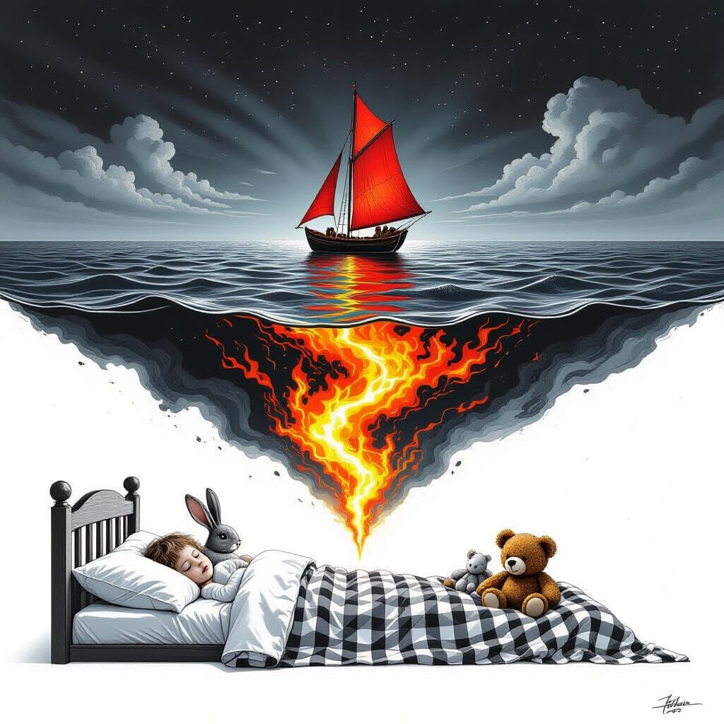 Surreal Dreamscape: Child, Sailboat, and Fiery Reflection