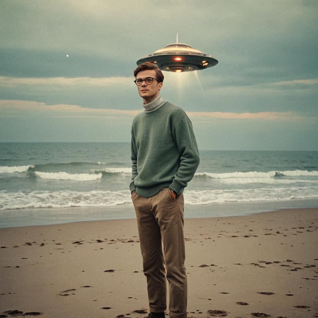 Man on Seashore Gazing at UFO in Vintage Style