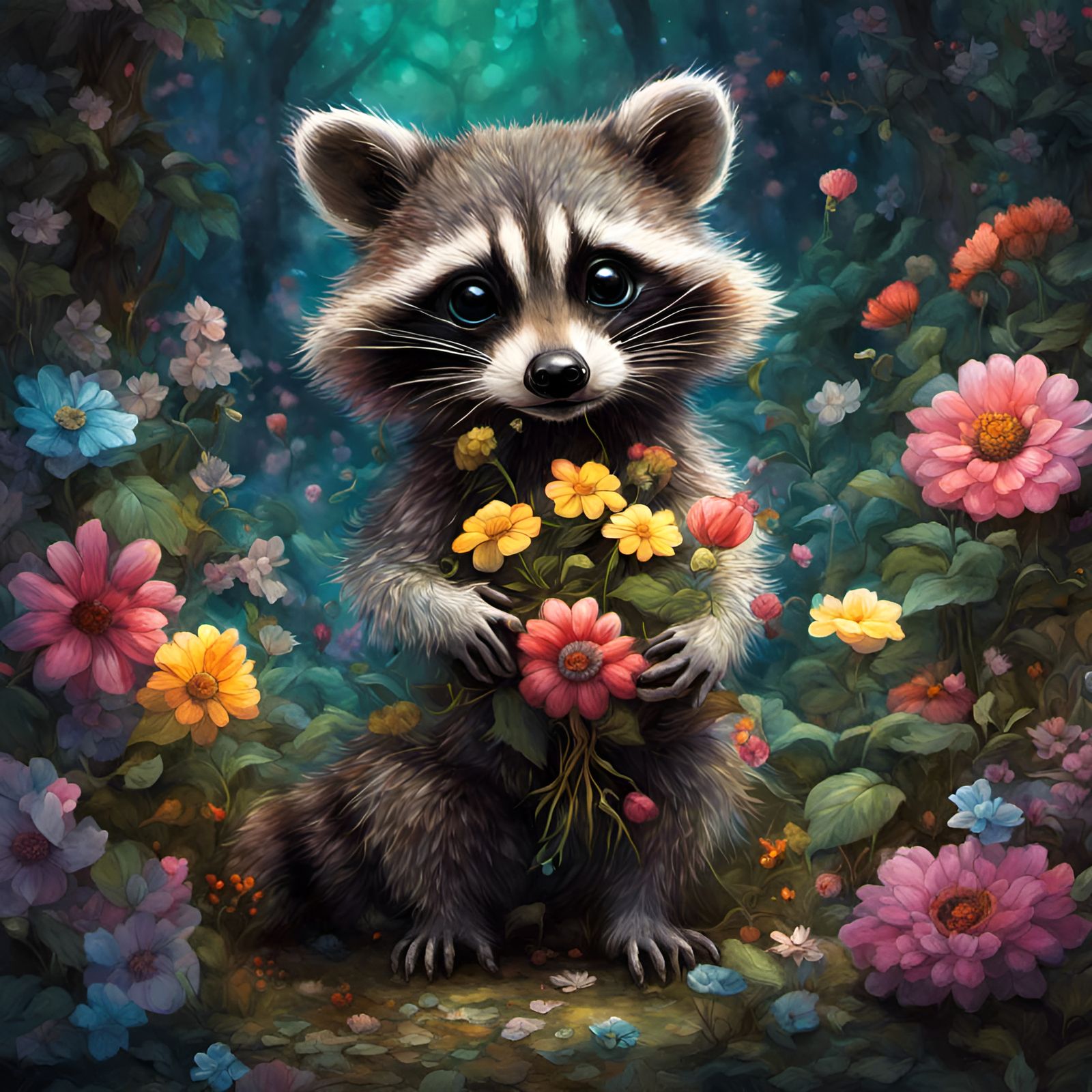 Baby Raccoon with Flower in Enchanted Forest