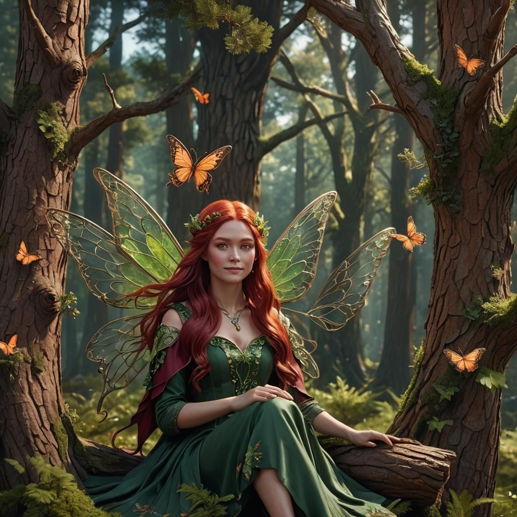 Smiling Fairy with Butterfly in Pine Tree
