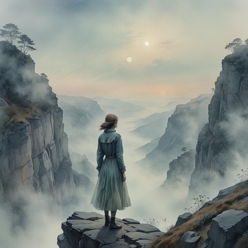 Invisible Girl on Misty Cliff in Surrealist Style