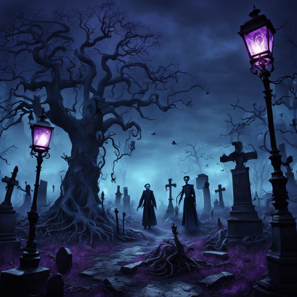 Dancing Skeletons Graveyard Scene in Dark Fantasy Style