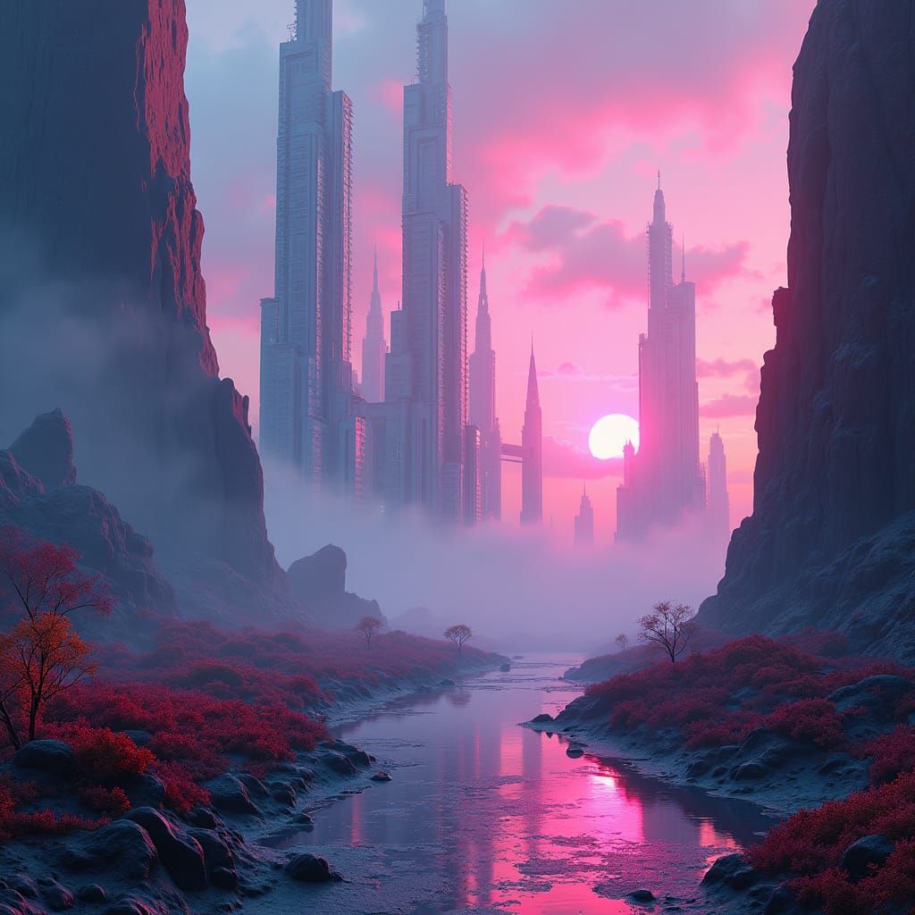 Futuristic Neon Cityscape: 3D Matte Painting
