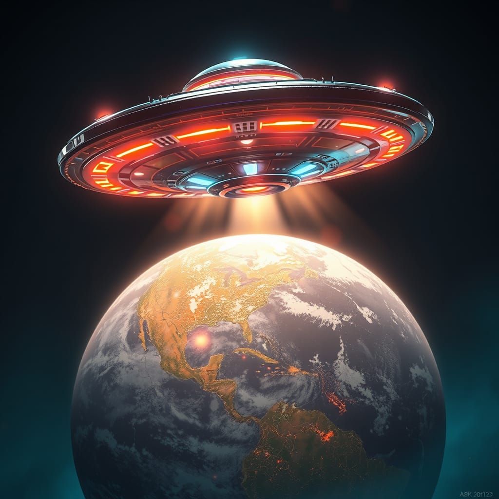 Surreal Futuristic UFO Over Mysterious Earth