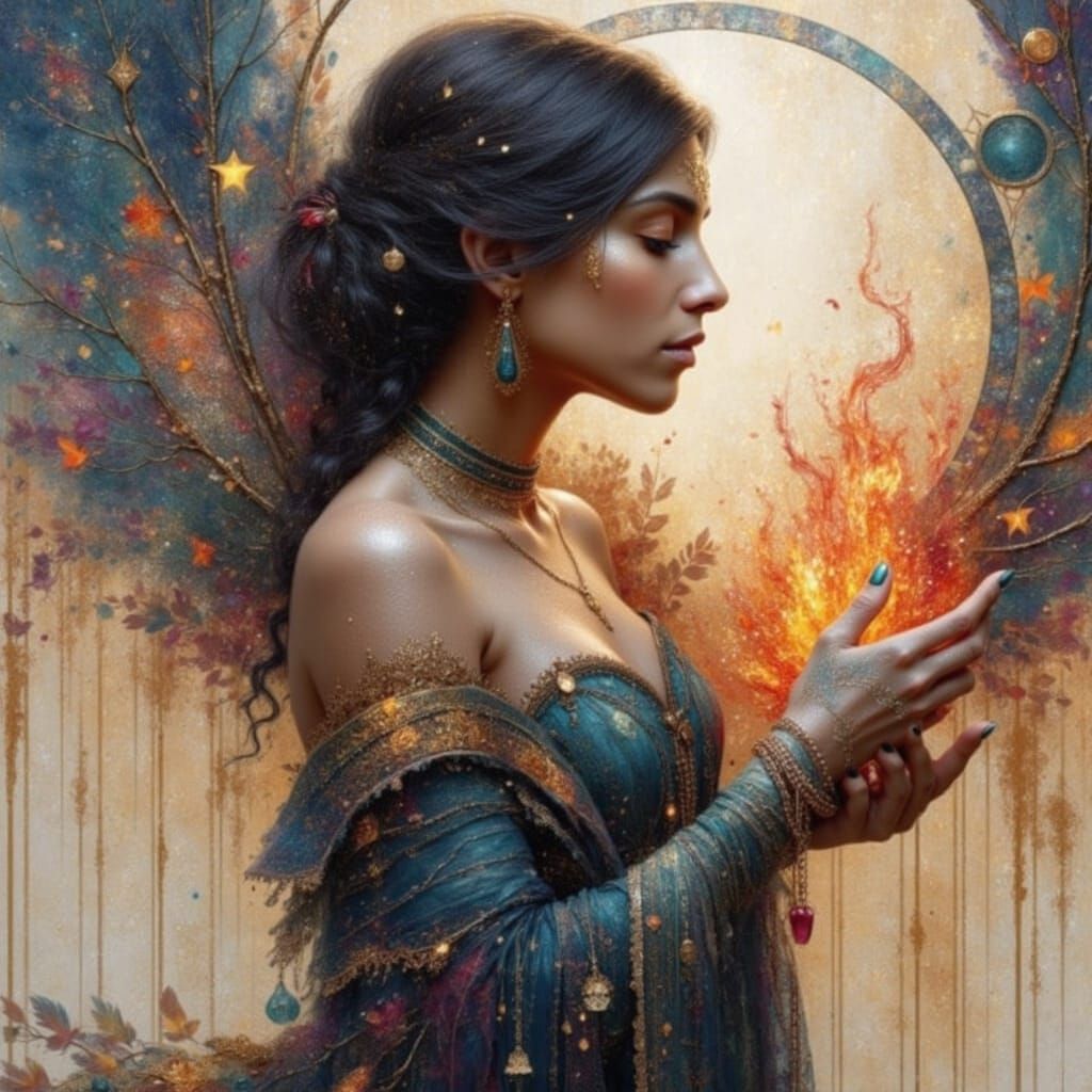 Enchanting Mystical Goddess in Gold Leaf and Watercolor