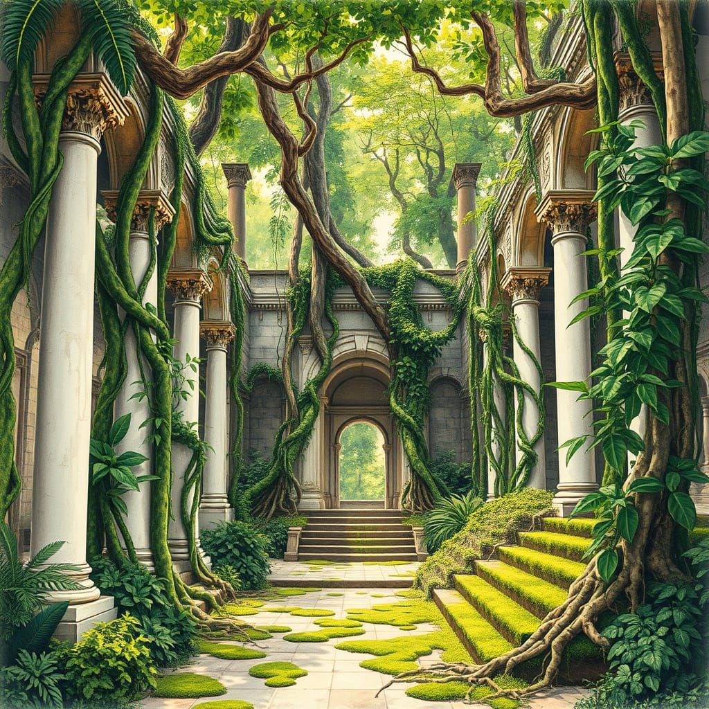 Overgrown Ancient Ruins in Victorian Botanical Style