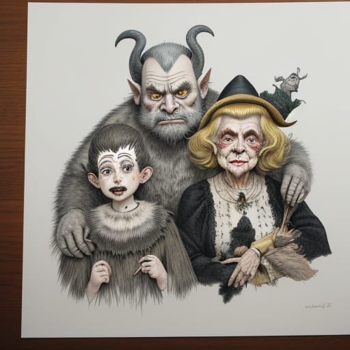Ink drawing, Maurice Sendak Wild Things, a grandmother, grandfather, and granddaughter, crazy faces and wild eyes, with ...