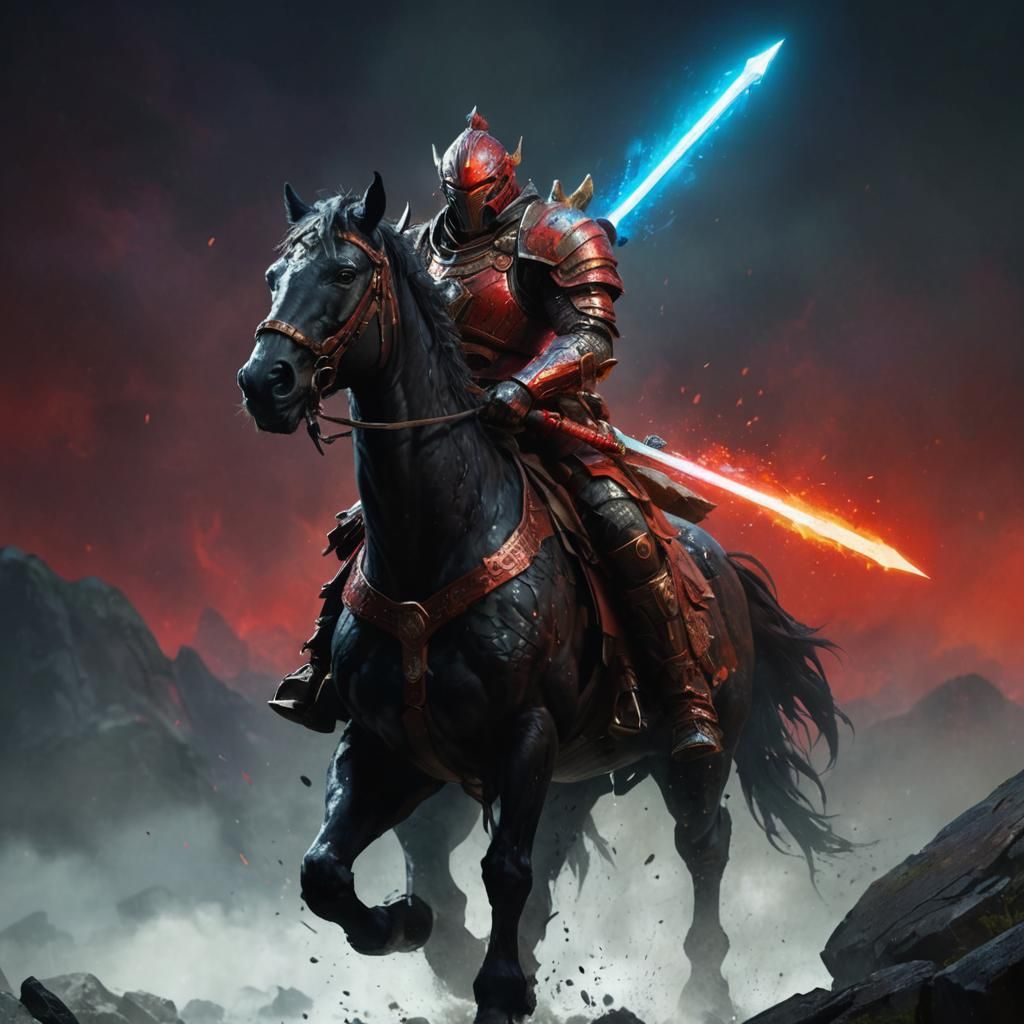 Surreal Warrior Reveals Intense Gaze in Vibrant Background