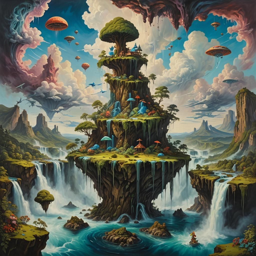 Surreal Floating Island with Waterfalls, Oil Painting