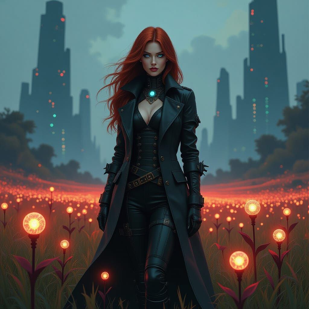 Cyborg Woman in Alien Field, Dark Fantasy Style