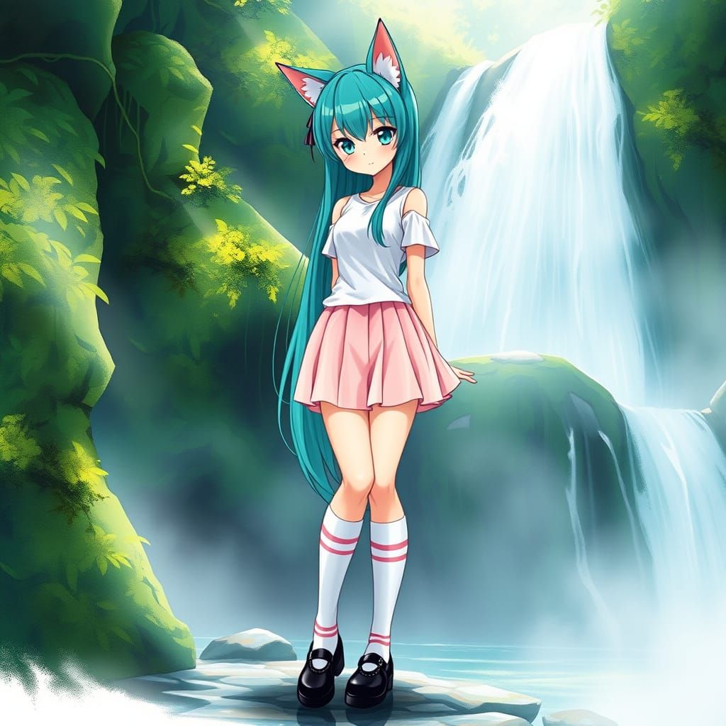 Anime Neko Girl Amidst Waterfall Magic