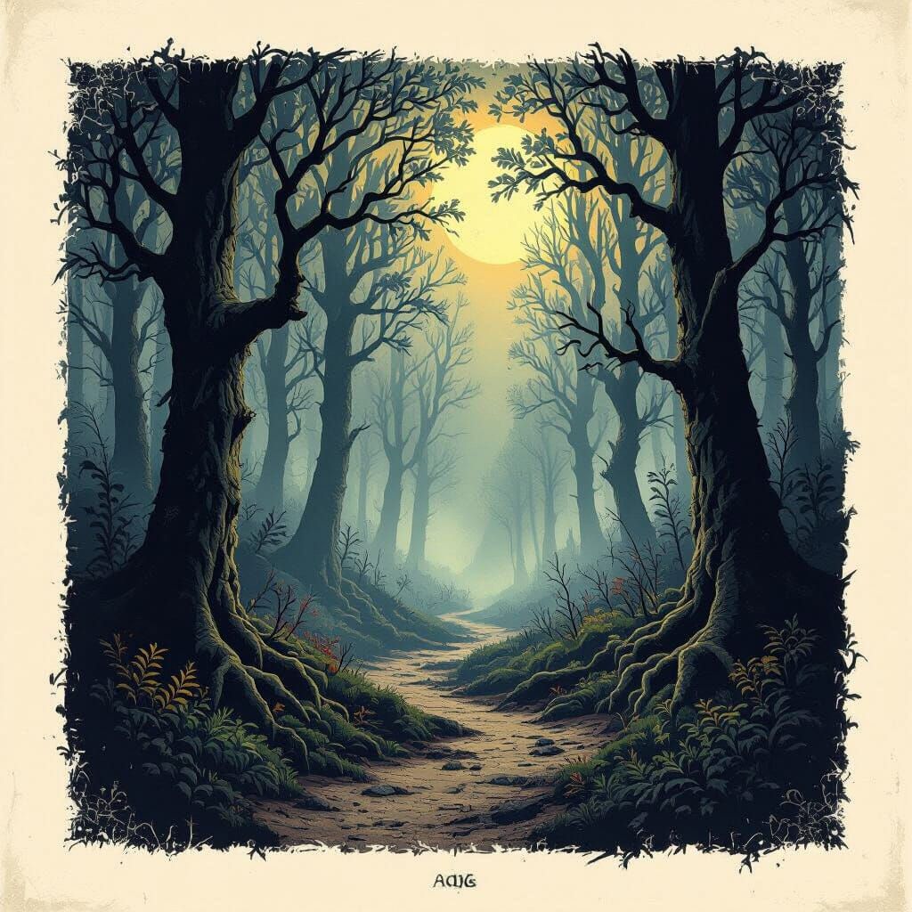 Medieval Gloom Forest Path Under Moonlight