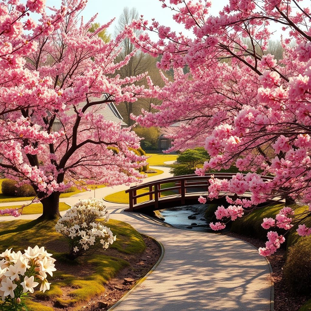 Japanese Garden at Dawn in Vibrant Bloom