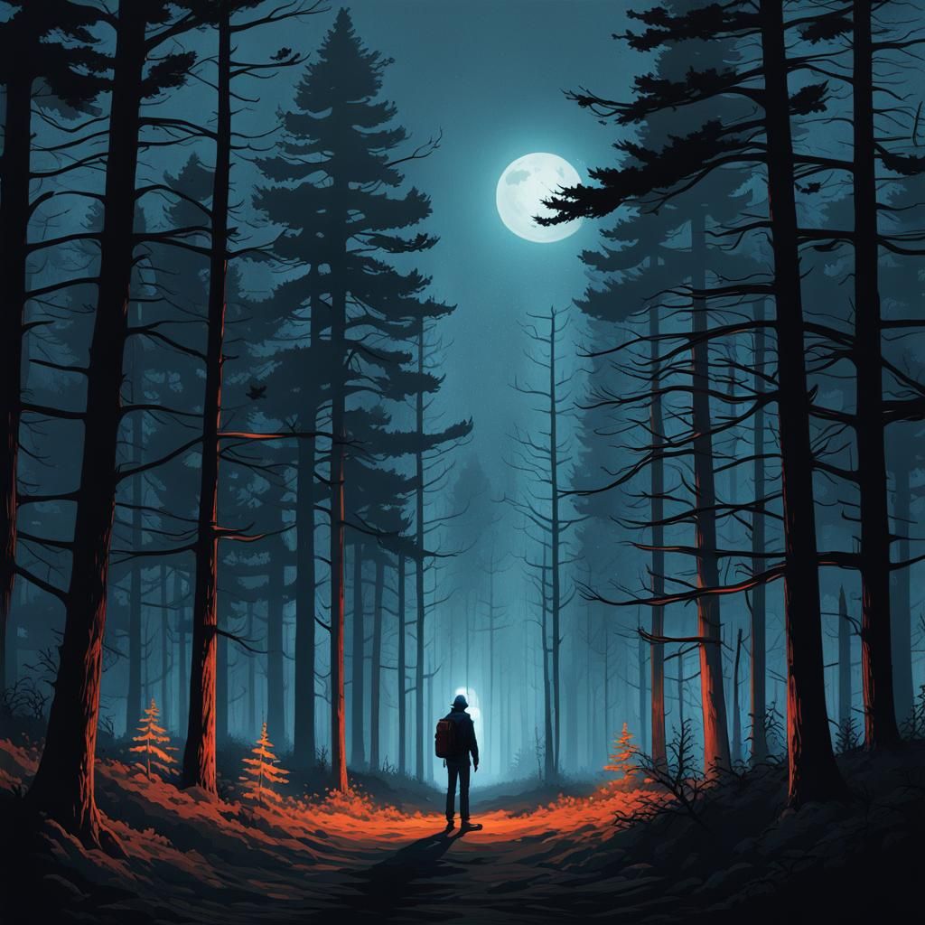 Eerie Silhouette in Dark Forest, Cinematic Digital Art