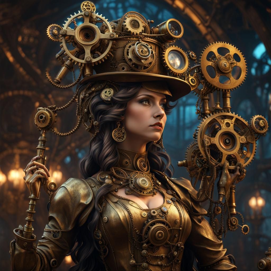 Steampunk Brass Statue of Woman: Detailed Concept Art