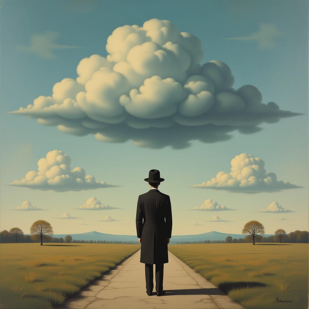 Surrealist Painting of Solitary Figure Under Ominous Sky