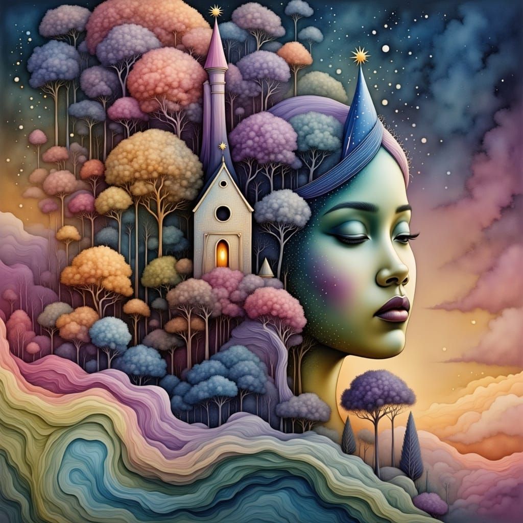 Surreal Dreamscape: Symbolic Landscape in Liquid Ink Style