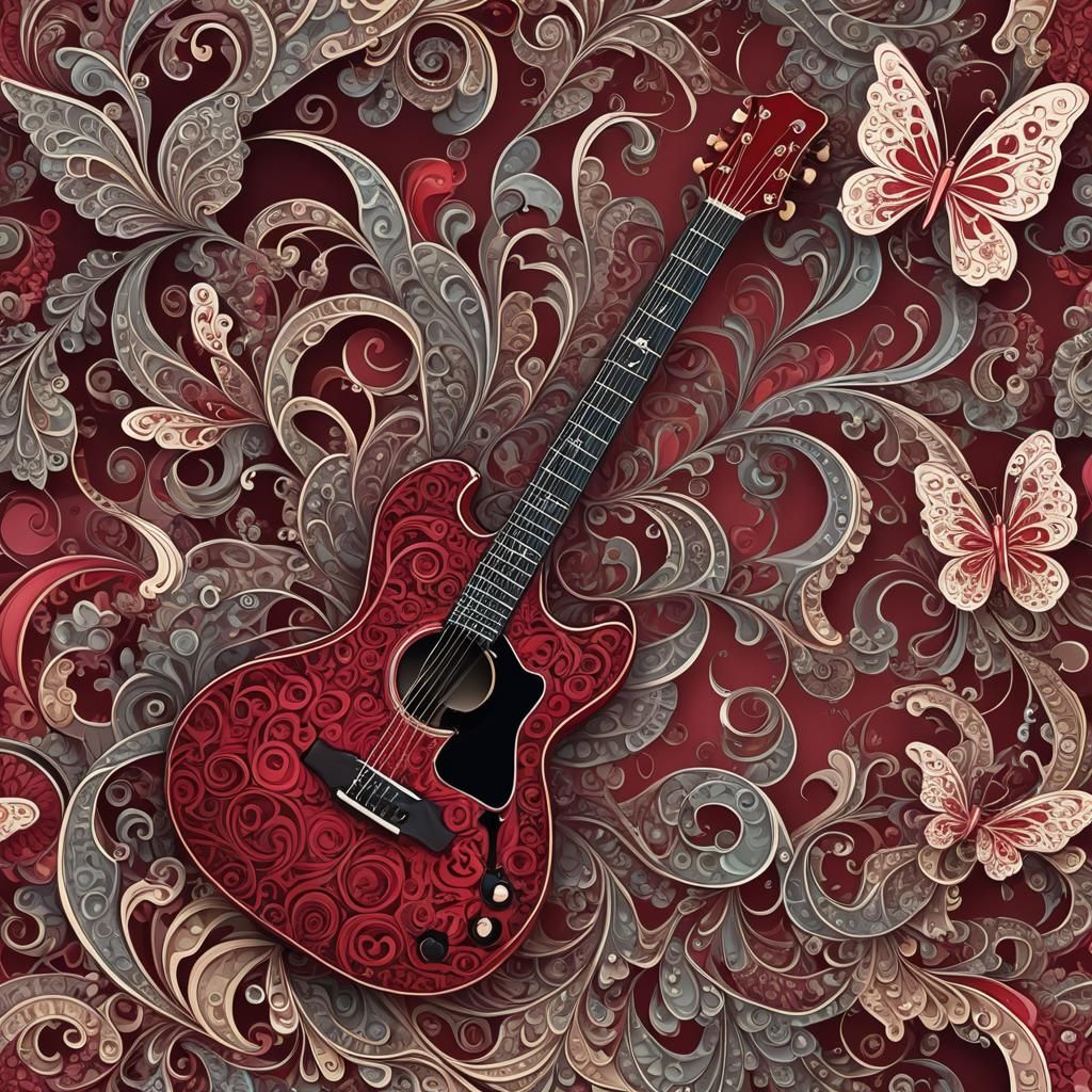 Abstract Ruby Guitar Fractal with Zentangle