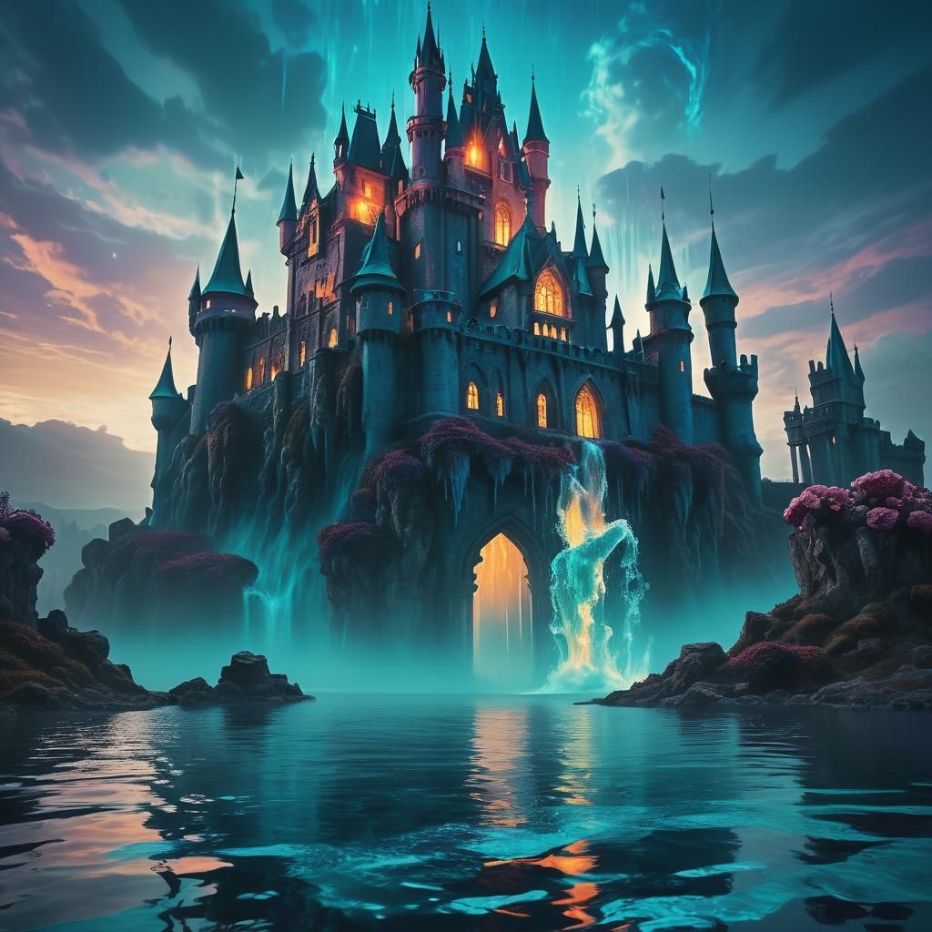Monster Approaches Rose Castle in Magic Teal Water