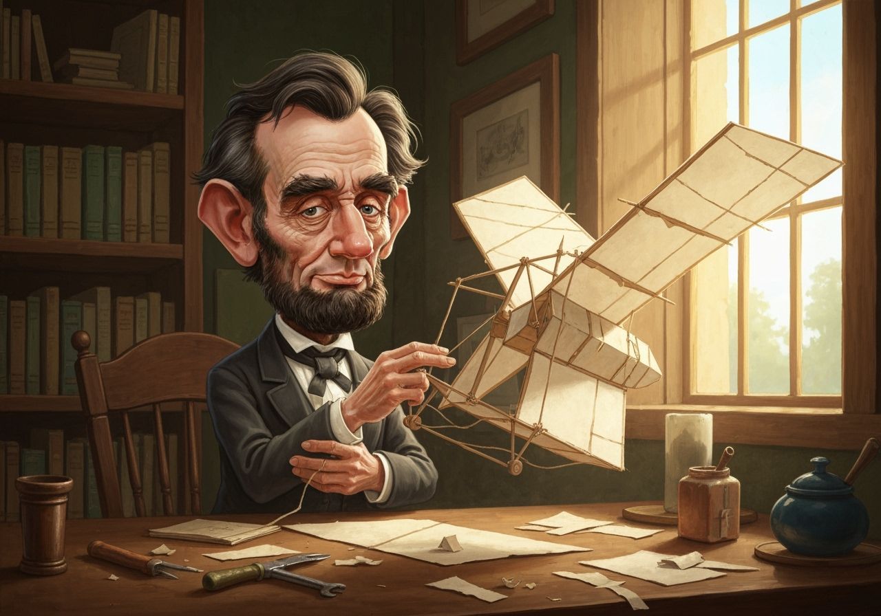 Caricature of Lincoln Building a Flying Machine in Victorian...