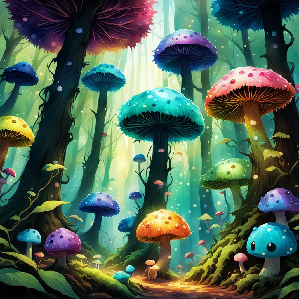 Enchanted Forest with Colorful Susuwatari in Anime Style