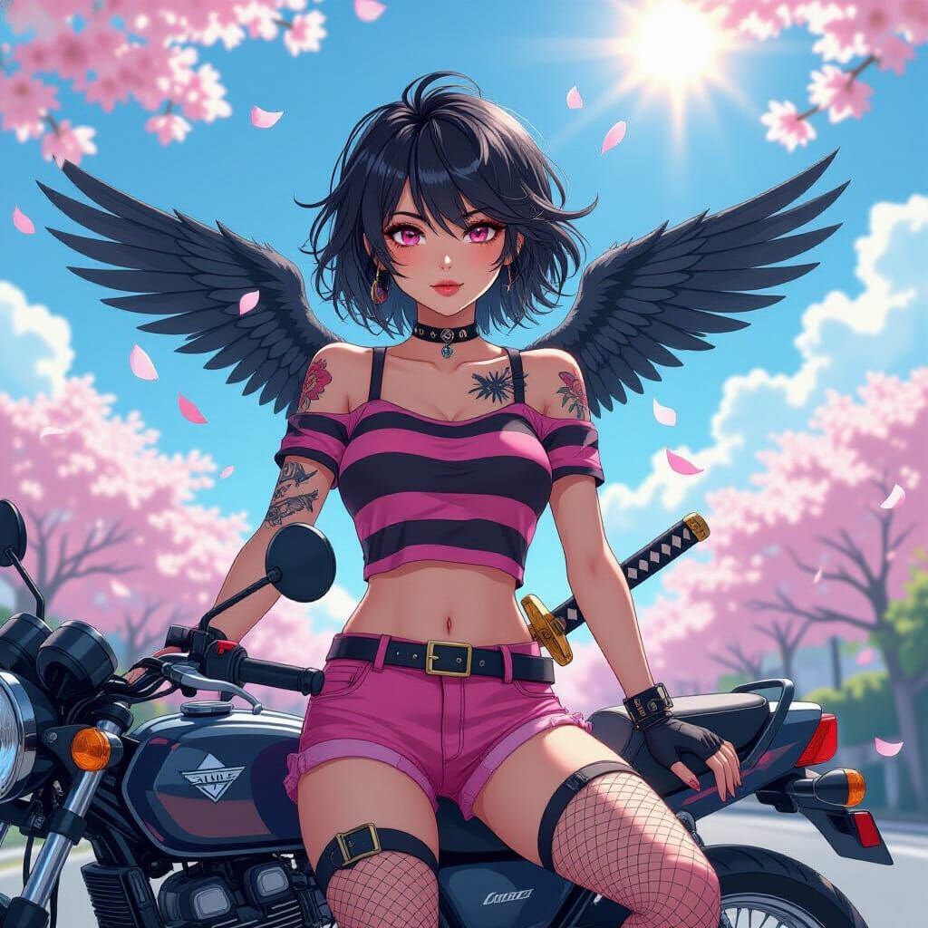 Emo Woman with Wings and Sword on Motorcycle, Anime Style