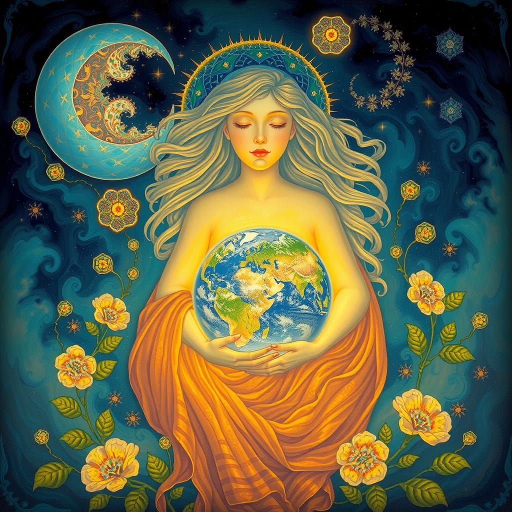 Ethereal Mother Earth Cradling a Glowing World