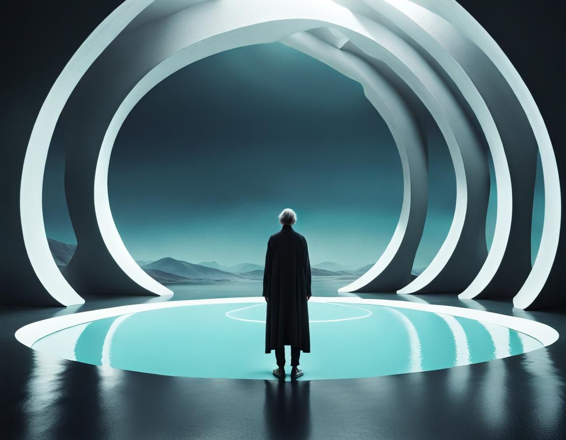 Man in Dark Circular Space: Minimalist Illustration