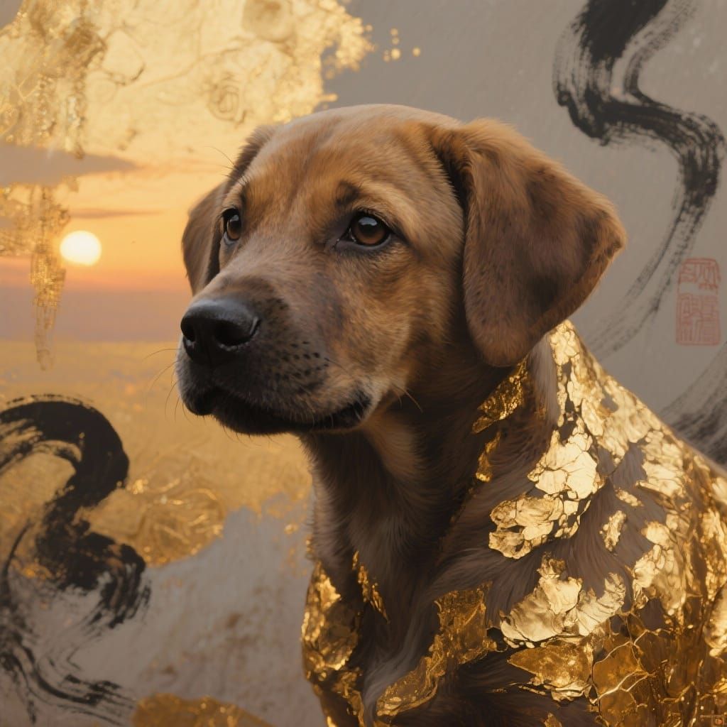 close-up of a minimalistic puppy, bathed in chiaroscuro ligh...