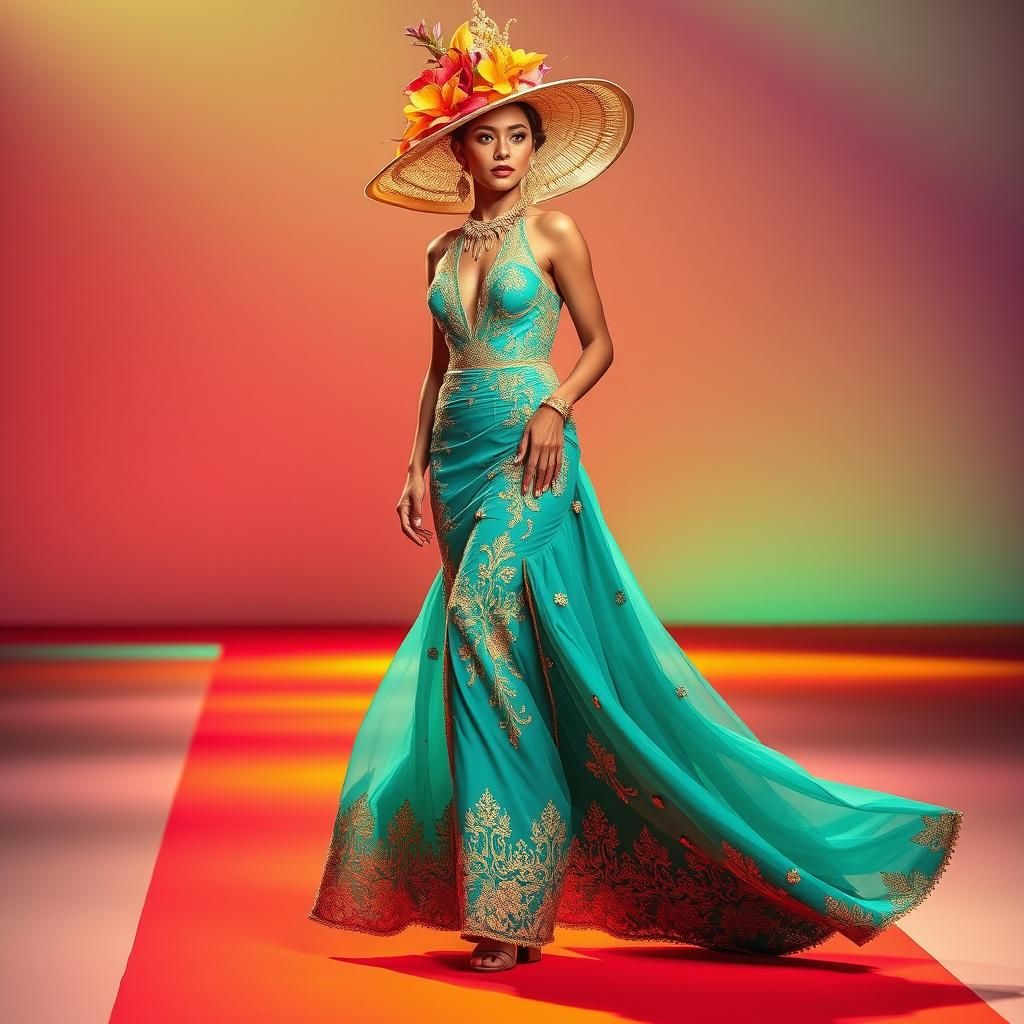 Model in Turquoise Gown on Gradient Catwalk