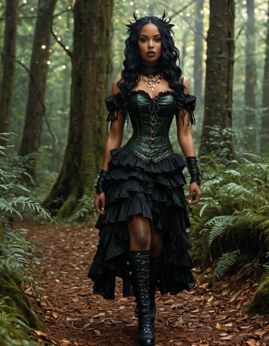 Gothic Woman in Forest with Golden Lights