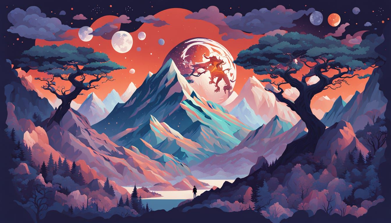 Jupiter Above Vibrant Multicolored Mountains in Vector Art S...