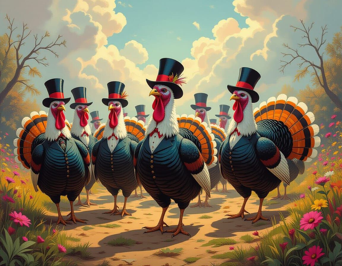 Absurd Turkeys in Top Hats in Surreal Landscape