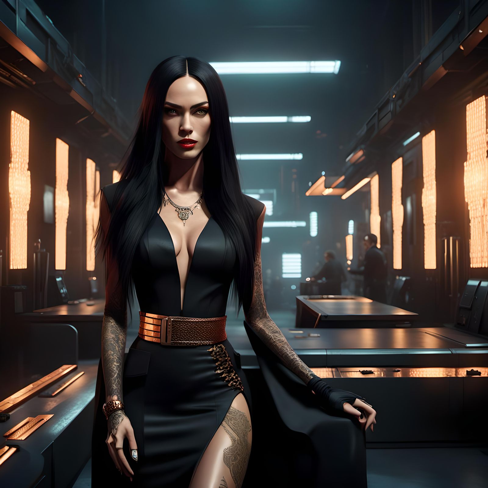 Cyberpunk Woman in Copper Lace Evening Dress