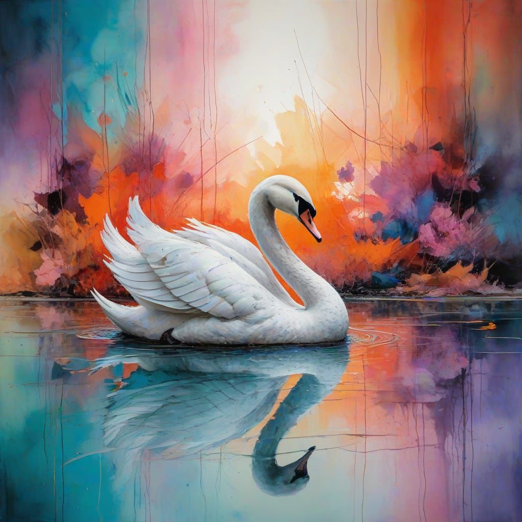 Swan on Serene Lake in Vibrant Mixed Media Art