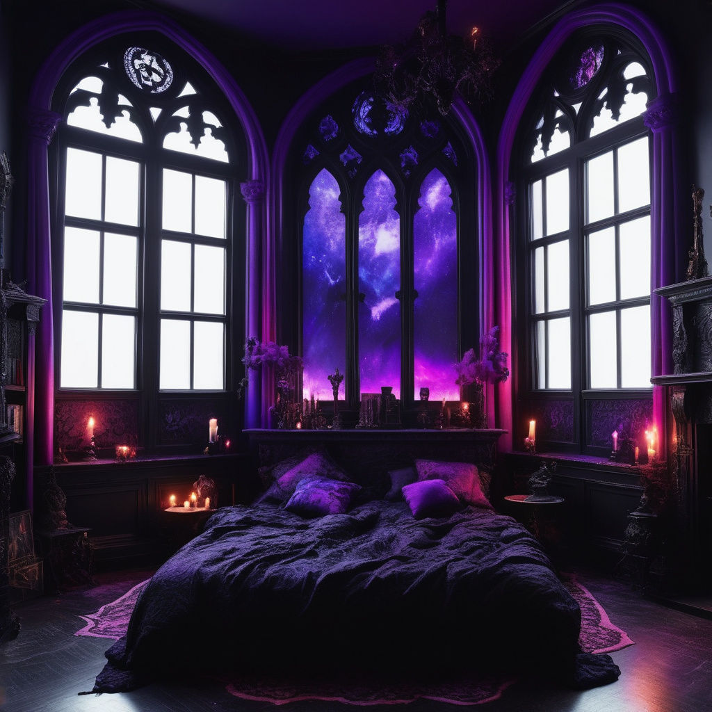 Gothic penthouse with Black walls with purple ombré accents&...
