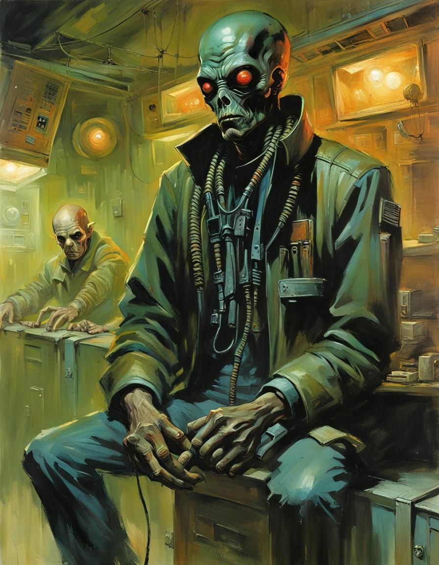 Sinister Antiquities Dealer in Cyberpunk Alien Slum