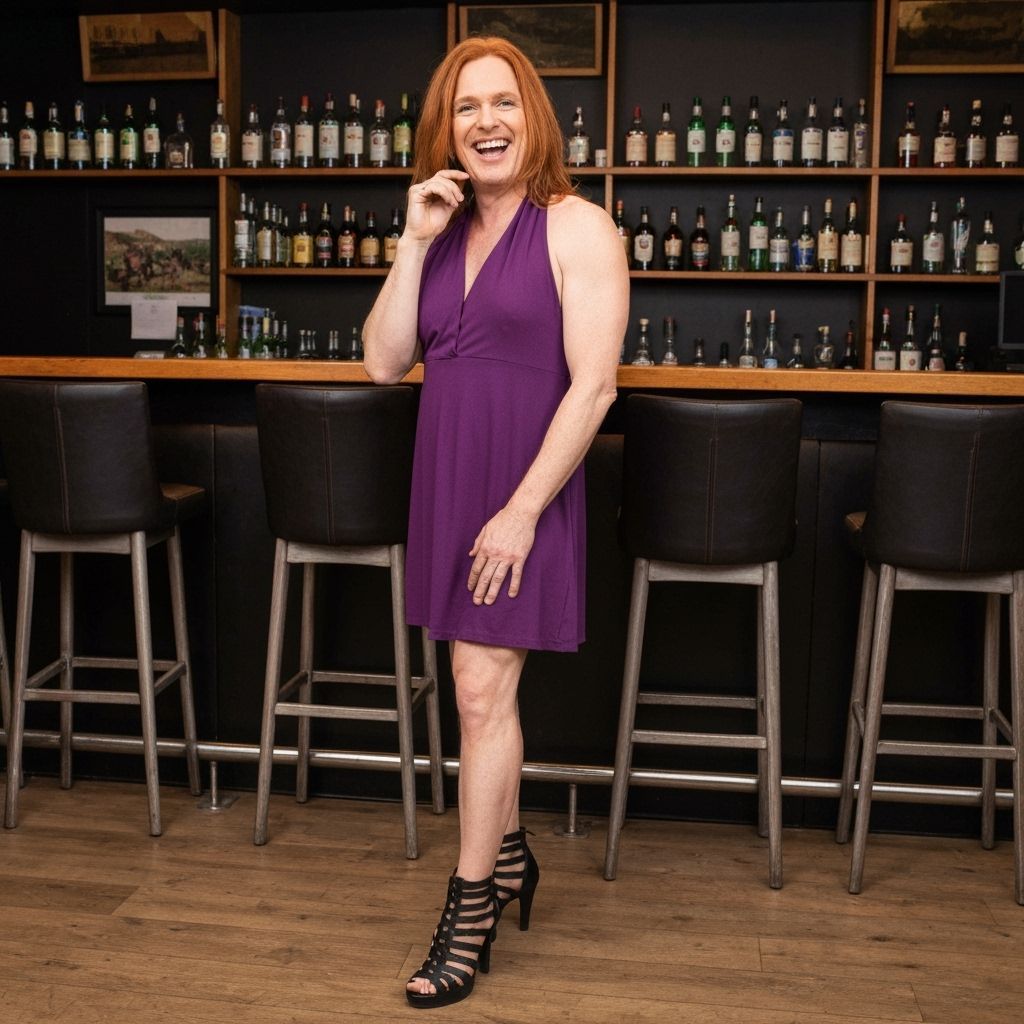 Man in Purple Dress and Gladiator Heels Smiling