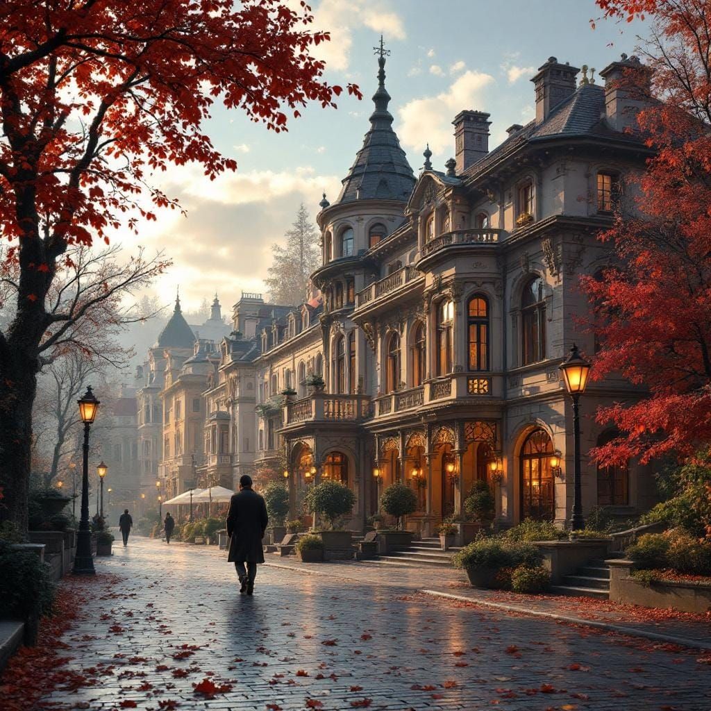 Karlovy Vary Autumn Street Scene in Golden Light