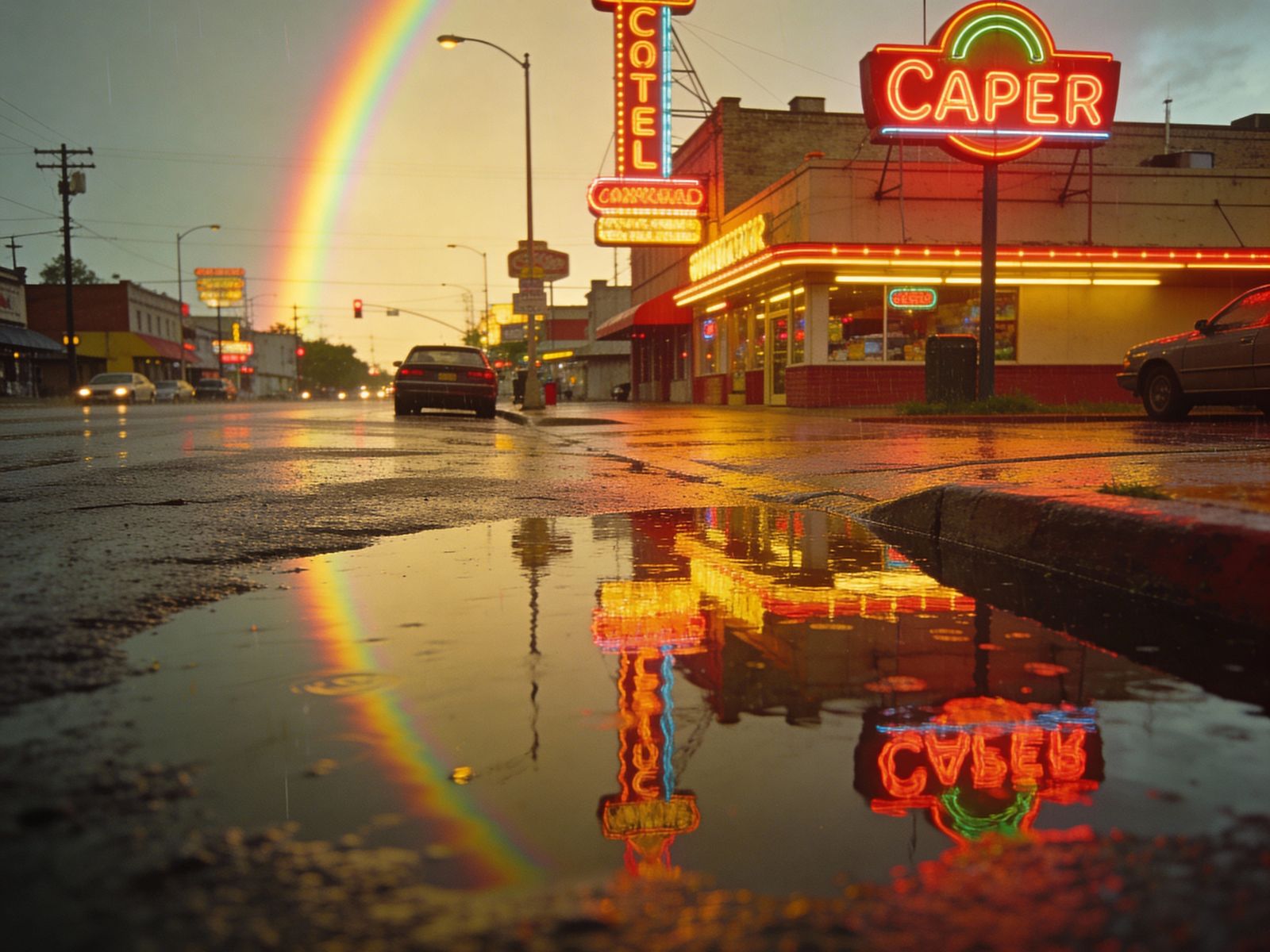 City Street Reflections in Neon Light and Rainbow