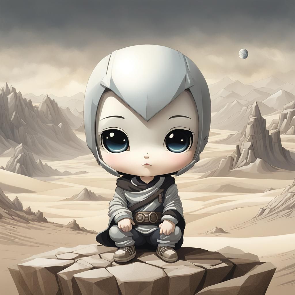 Chibi Stone Portrait in Barren Lands, Anime Style