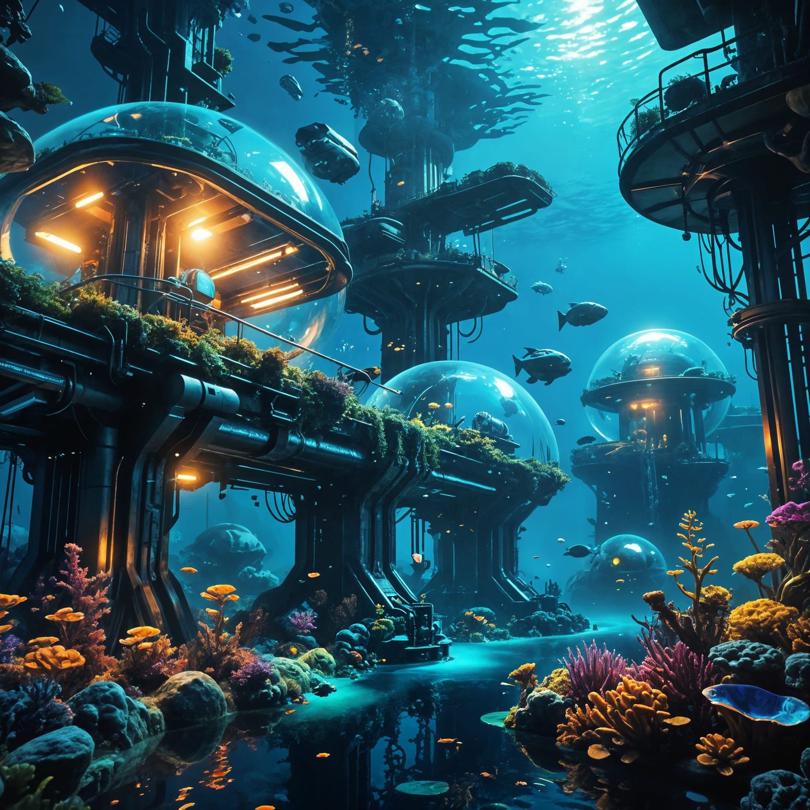 Retro-Futuristic Underwater Metropolis in Vibrant Triadic Co...